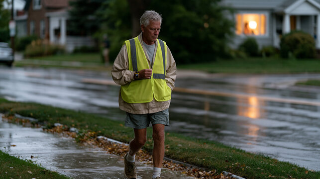 Rain-soaked neighborhood at dusk where retired postal worker does daily step accumulation walk, reflective vest over jacket, counting tracker on wrist, leaves gathering in