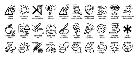 Fototapeta premium Food allergy symbols. Allergen risk icons. Outline vector collection.