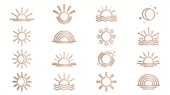 A clean minimalist set of rose gold line icons featuring elegant celestial designs of the sun, moon, stars, sunrise, and rainbow symbols isolated on a white background.
