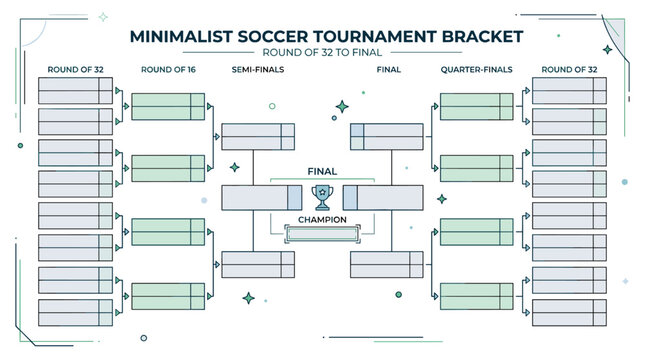 Minimalist soccer tournament bracket chart with empty slots for round of 32 to final match on clean white background layout.