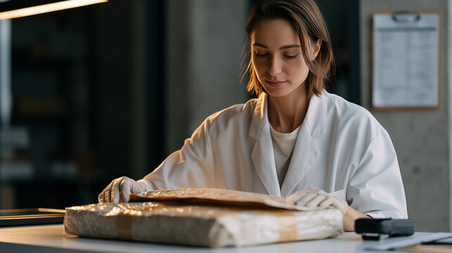 Returns processing technician at a sterile white inspection table opens returned e-commerce packages, photographing condition of items against neutral backdrop, verification