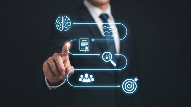 Business Professional Interacting with Digital Reskilling and Career Development Roadmap