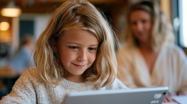 Student with dyslexia using a learning disability accommodation tool on a tablet, high-contrast text and audio playback controls visible on screen, supportive classroom aide