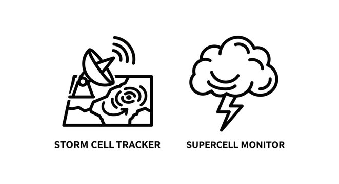 Storm cell tracker and supercell lightning cloud line icons with supercell lightning satellite meteorology minimalist disaster forecast atmospheric technology tracking analysis