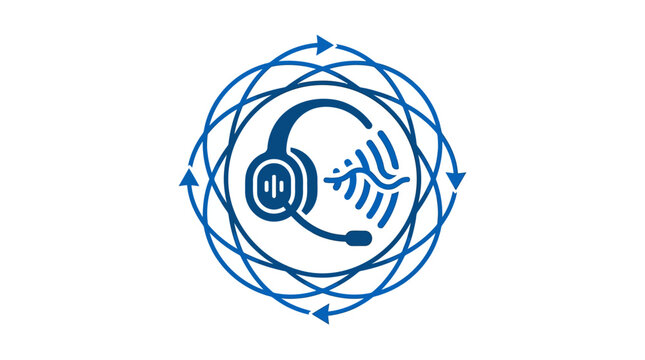 Blue logo with headset and hand.