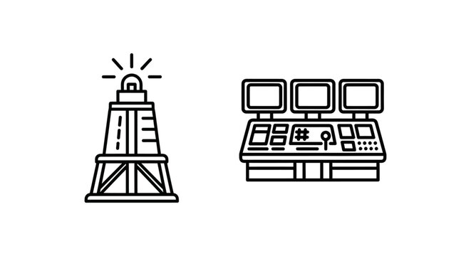 Industrial lighthouse and control room monitor icons with lighthouse industrial dashboard navigation maritime technology signaling structure management operation automation