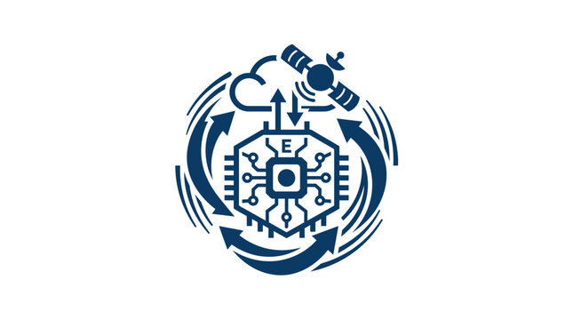 Blue logo with technology and environmental elements.