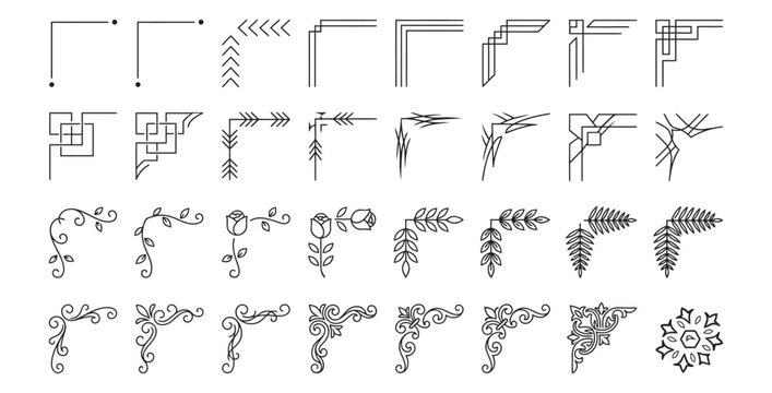 Collection of decorative corner elements and borders in a simple line art style on transparent background