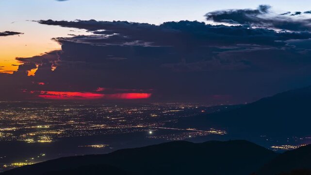 Time Lapse of lightning storm over Pasadena and Los Angeles California, filmed at sunset looking west from Rim of the World Highway in the San Bernardino Mountains on October 4, 2021.