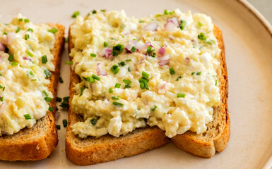 Fototapeta premium Close-up of homemade egg salad toasts on a plate, garnished with chopped purple onions and chives for breakfast