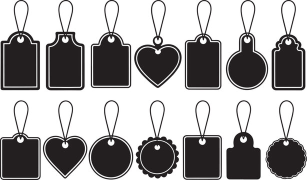 Collection of diverse black silhouette gift tags and price labels shapes for sale.