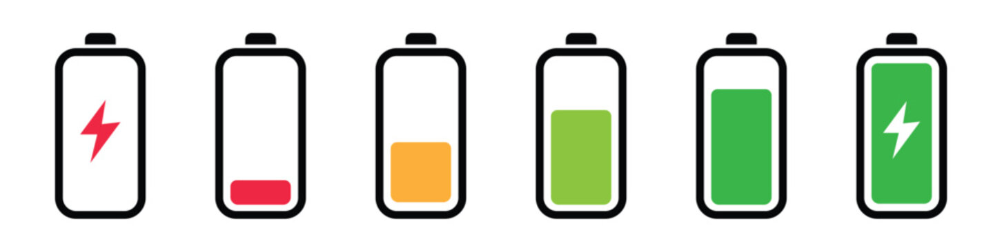 cons: Battery Full Charge and Low Charge. Battery charge indicator icons. Phone charge level, colour collection of charging power. Discharged and fully charged battery. 