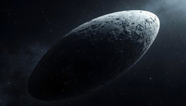 Elongated rocky object in space digital rendering with starfield background