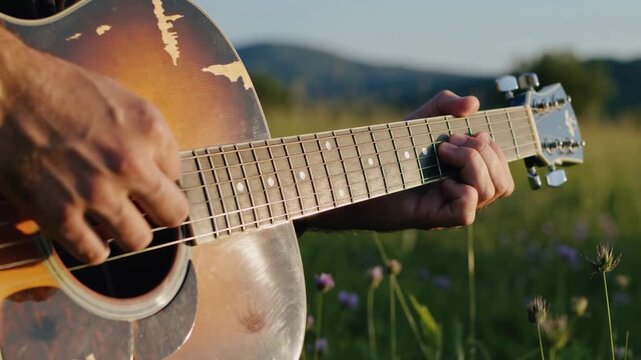 Close-up of person playing acoustic guitar outdoors in field during daytime