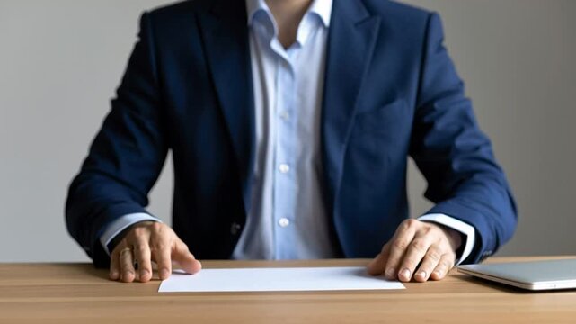 Businessman in Suit Holding and Placing Blank White Paper on Office Desk