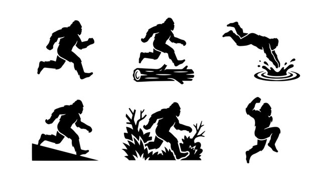 Bigfoot icon set silhouette, white background, vector illustration