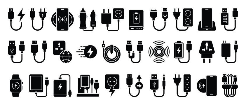 Gadget power charging symbols. Device adapter indicators. USB cable connection glyphs. Flat digital artwork.