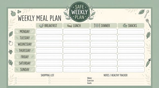 Handwritten Weekly Meal Planning Schedule on Grid Paper with Shopping List and Budget