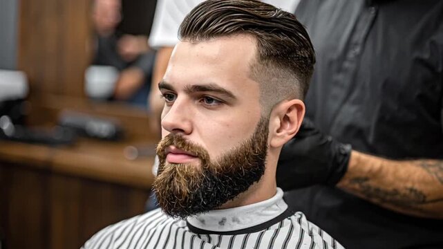 Barber Styling Modern Fade Haircut and Beard of a Young Man in a Barbershop