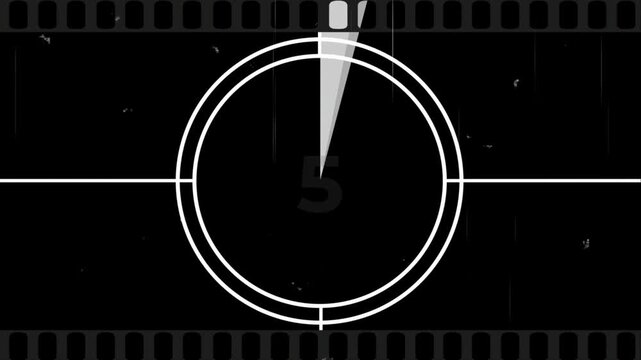 Vintage film countup timer 0 to 10 seconds, retro movie leader clock wipe animation, old cinema monochrome background loop
