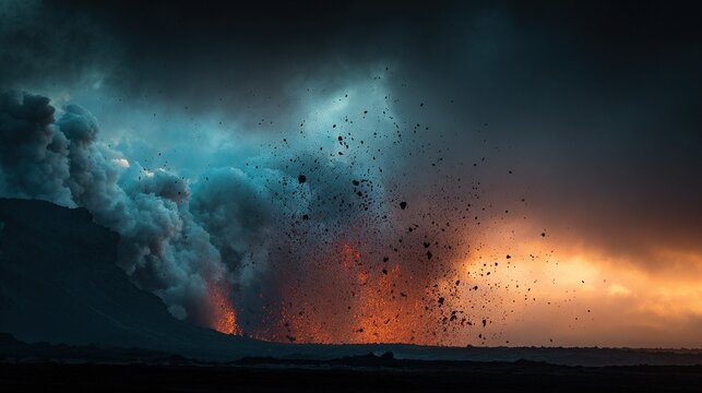 spewing. A powerful volcanic eruption shooting rocks and dark smoke into the sky. ESG reports, sustainability campaigns, designed for sustainability communications and ESG reporting.