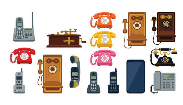 Evolution of telephone and retro communication device cartoon vector illustration set. Vintage rotary phone, wooden wall telegraph, cordless landline, modern smartphone and history technology asset.