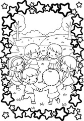 Fototapeta premium Happy cartoon children dancing together in circle outdoors.