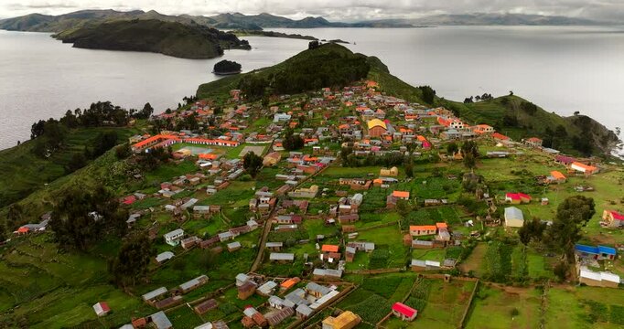 Inca period Island of the Sun on Lake Titicaca with ancient ruins, drone view