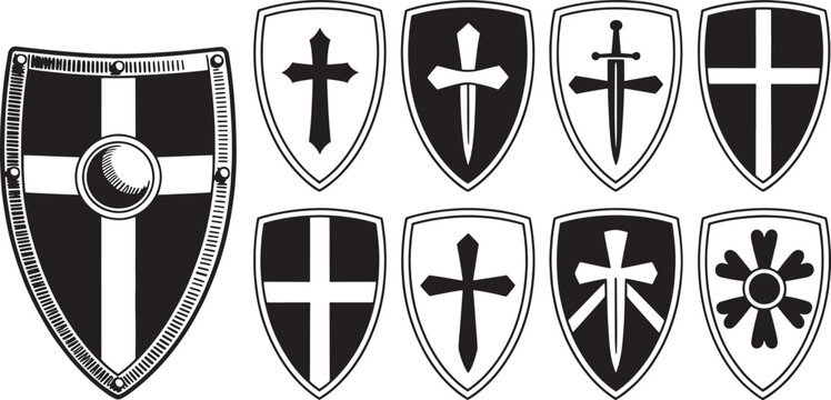 Collection of medieval knight shields with crosses and swords in black and white vintage style.