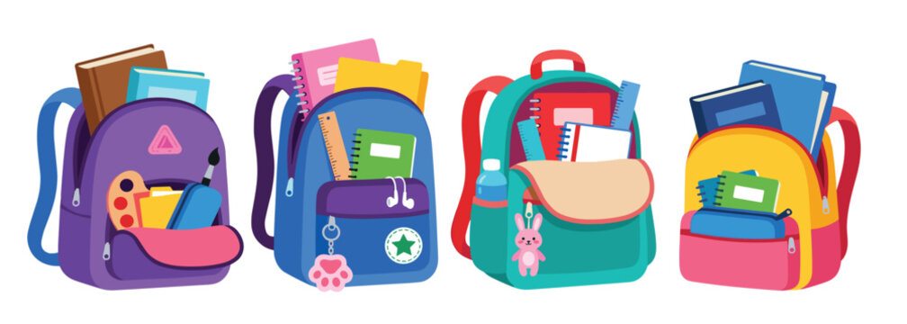 School backpack with stationery and books cartoon vector illustration set. Schoolbag, notebook, ruler, pencil case, paint palette, student education and back to school concept.