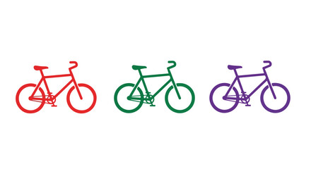 Obraz premium Three colorful bicycles in red green and purple arranged in a row on a plain white background for cycling