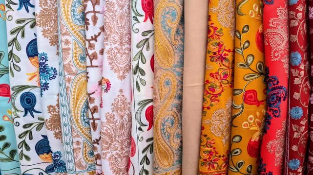 Colorful embroidered fabric rolls displayed side by side in a textile market setting