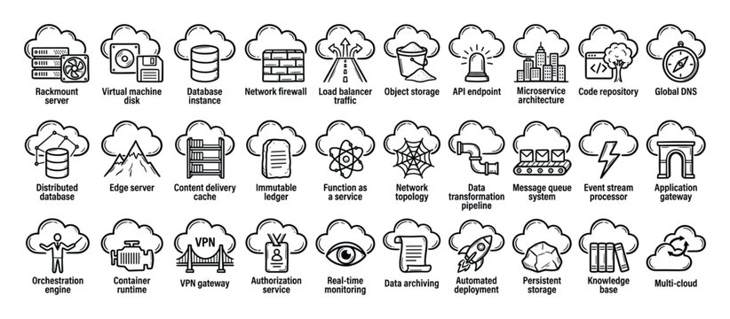 Cloud IT symbols. Outline icon collection. Vector illustration.