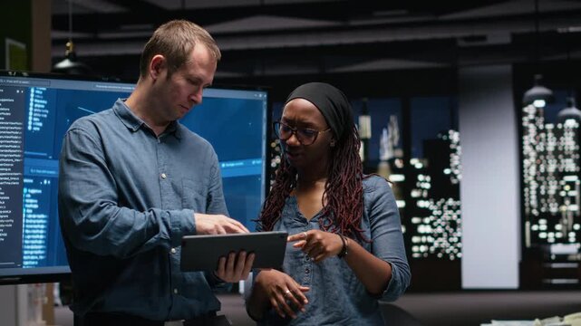Technicians collaborating to develop artificial intelligence algorithms in high rise office late at night. Tech agency coworkers debug 3D neural network brain models for coding workflows.