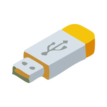 Isometric USB Flash Drive Vector Illustration, Portable Thumb Memory Stick Data Storage 3D Doodle Clipart