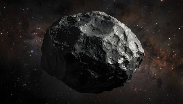 Rocky asteroid in space detailed 3d rendering against a galactic background