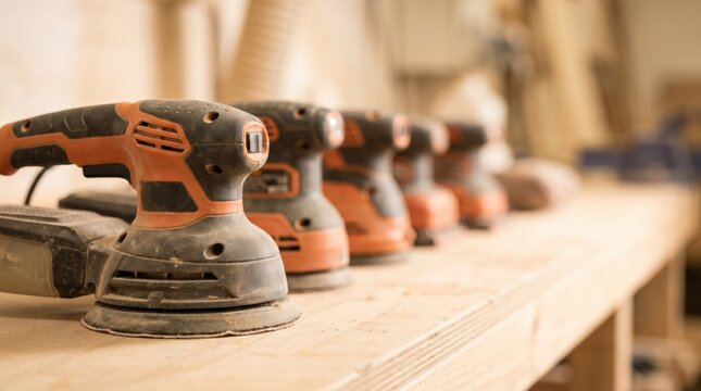 Row of professional electric orbital sanders tools on a wooden workbench in a carpentry workshop ready for wood finishing and surface preparation tasks