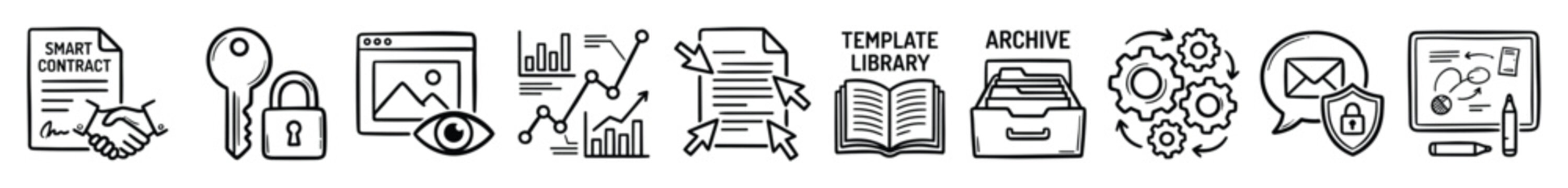 Smart contract graphic. Data security emblem. Business workflow outline illustration.