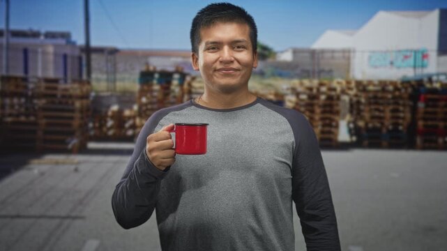 Man holding red mug, smiling and standing on street near stacked pallets and warehouse building; casual contentment.