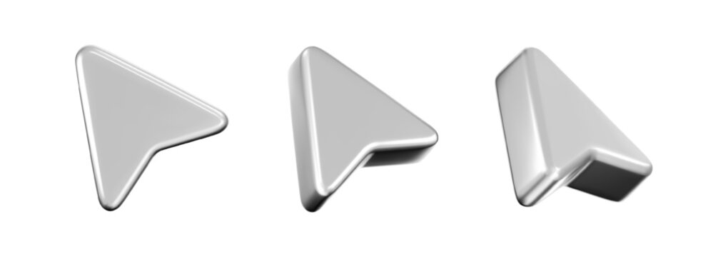 3D silver arrow cursor icon set with smooth chrome gradient, isolated on a white background. Realistic glossy pointer for UI,UX interfaces, web navigation, arrow clicks. 3D vector illustration