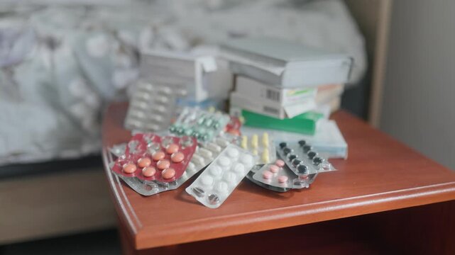 Various colorful medication pill blisters stacked on a wooden nightstand.