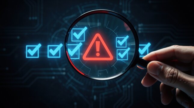A hand holds a magnifying glass highlighting a red warning symbol among multiple blue checkmarks on a digital interface.