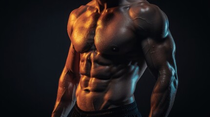 Obraz premium A muscular, shirtless man with a well-defined, glistening torso, showcasing his abs and arm muscles against a dark background.