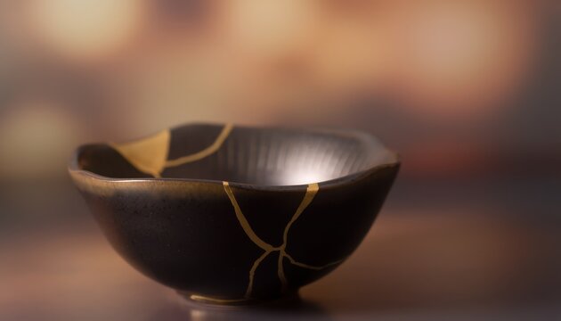 A dark ceramic bowl repaired with gold lacquer in the Japanese kintsugi style, highlighting the beauty of cracks and imperfections.