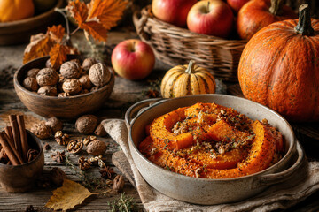 Fototapeta premium Rich autumnal scene with roasted pumpkin centerpiece