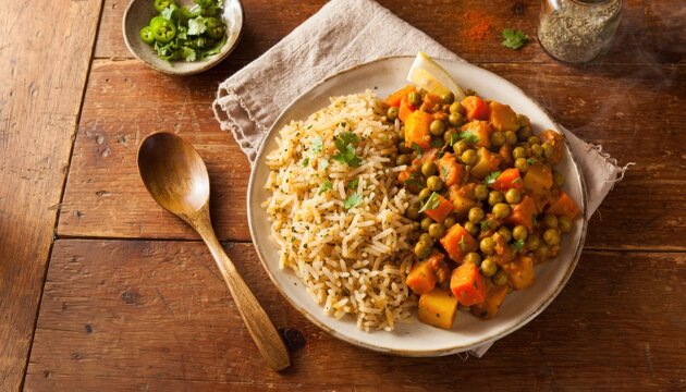 A plate of seasoned rice served with a hearty vegetable curry, garnished with fresh herbs, set on a rustic wooden table with a wooden spoon and side bowl.