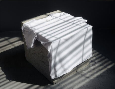 White blank t-shirt mockup template on concrete block with dramatic shadows