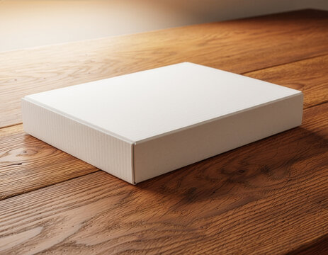 White postal box packaging mockup template on wooden table with warm light