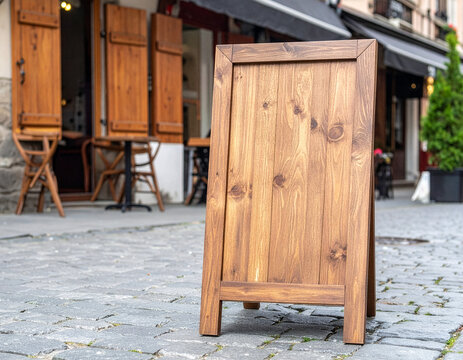 Blank wooden A-frame sign mockup template on cobblestone cafe street