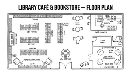 Library Café and Bookstore Floor Plan Vector, Architectural Blueprint of a Modern Bookshop Interior, Commercial Retail Space Layout with Coffee Bar © Vector Hive